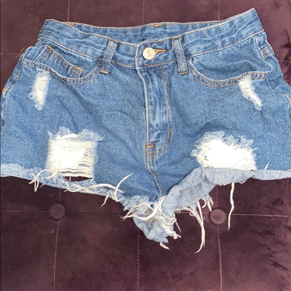 High Waisted Blue Ripped Jean Shorts - Picture 2 of 3